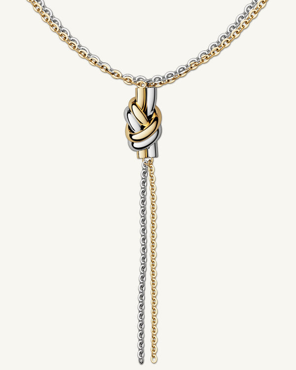 Necklace in silver and gold plated-316L stainless steel from Waldor & Co. The model is Dual Knot Necklace Polished.