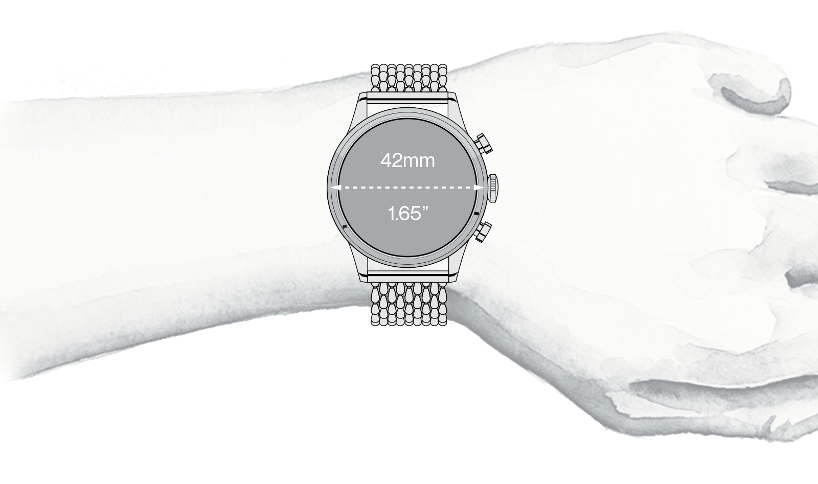 A 42 mm watch shown on a wrist